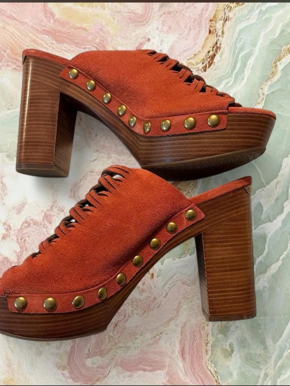 Michael Kors Orange Suede Studded Platform Mules - Picture 1 of 5